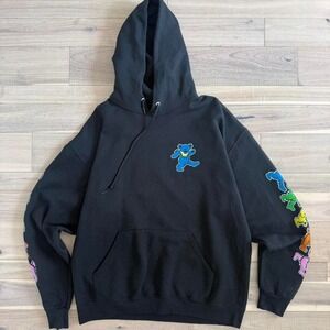 Y2k Black Grateful Dead hoodie with colorful bear design on sleeve. Size: L